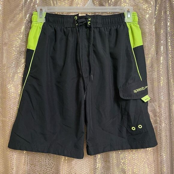 Speedo Mens Black Neon Green Sport Swim Trunks Board Shorts, Medium - Picture 1 of 7